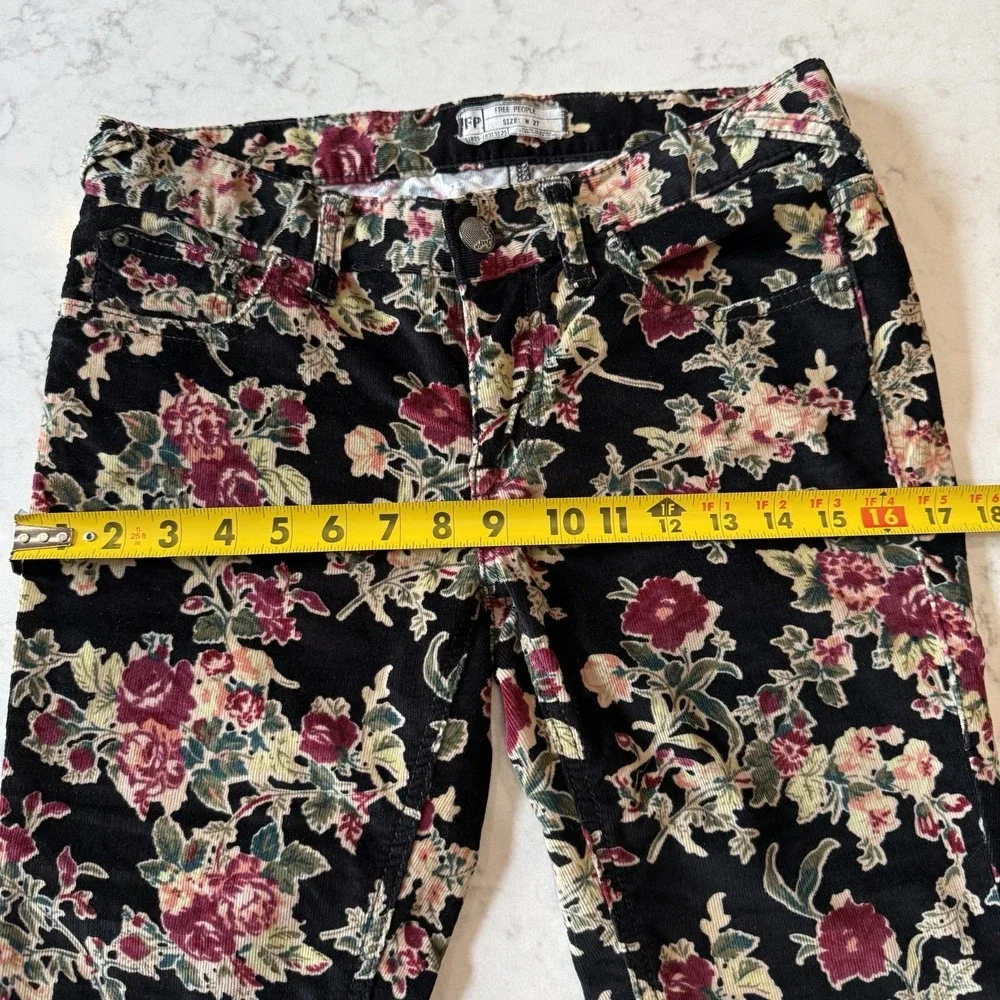 Free People Pants Mid-Rise Corduroy Floral Skinny Slim W 27 Black Burgundy Green